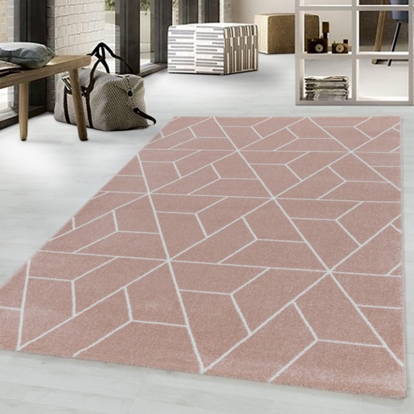 Designer Teppich Schlafzimmer Geometrische Linien Rosa